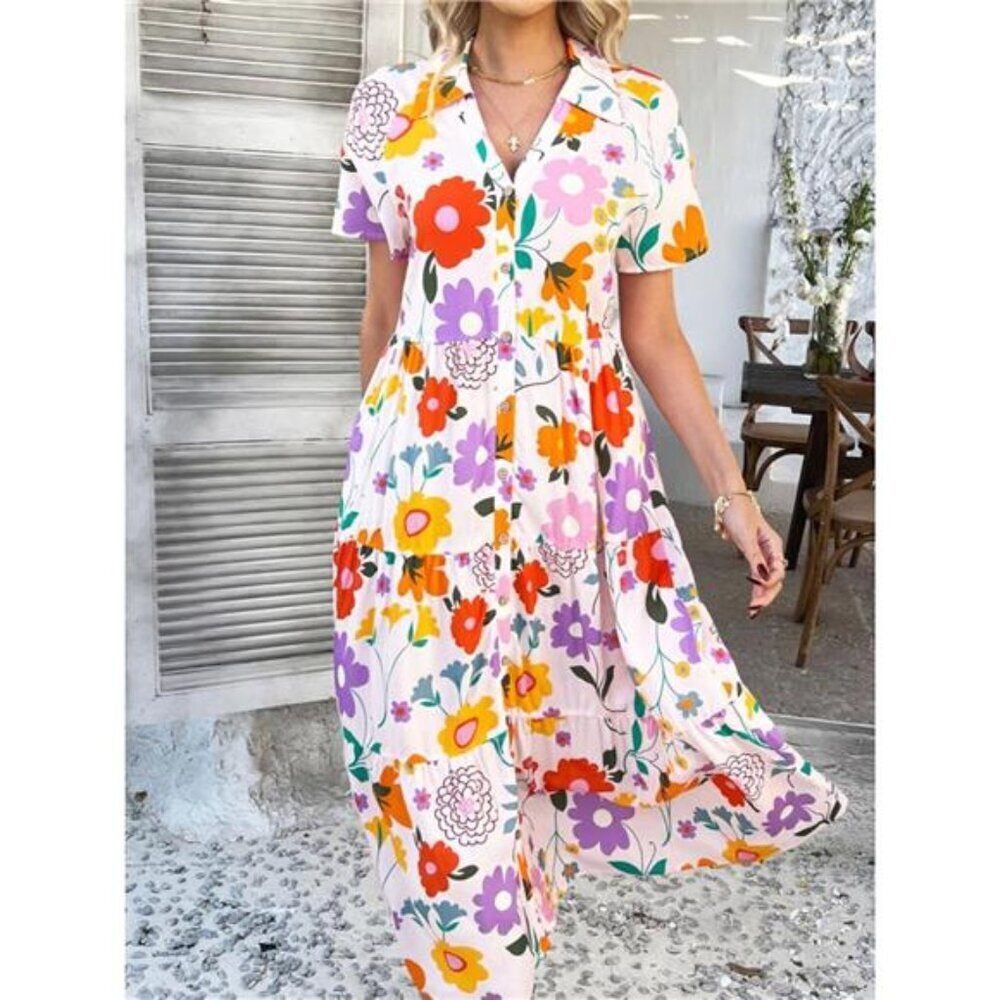 Devine Printed Johnny Collar Button Down Short Sleeve Midi Shirt Dress